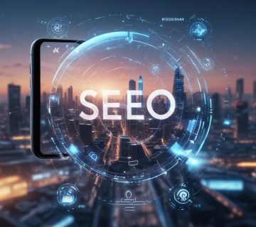 2025 yılı SEO trendlerini yansıtan, yapay zeka öğeleri, mobil arayüzler ve sesli arama simgeleriyle dolu fütüristik dijital manzara 