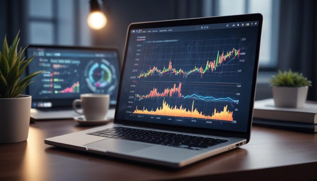 SEO teknikleriyle dijital pazarlama başarısını anlatan grafikler, yukarı yönlü trendler ve arama motoru arayüzü açık bir dizüstü bilgisayarın gösterildiği modern ve dinamik bir illüstrasyon.