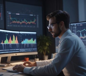 E-E-A-T faktörlerini analiz eden dijital pazarlama uzmanı, modern bir ofis ortamında bilgisayar ekranında detaylı grafiklere odaklanmış.