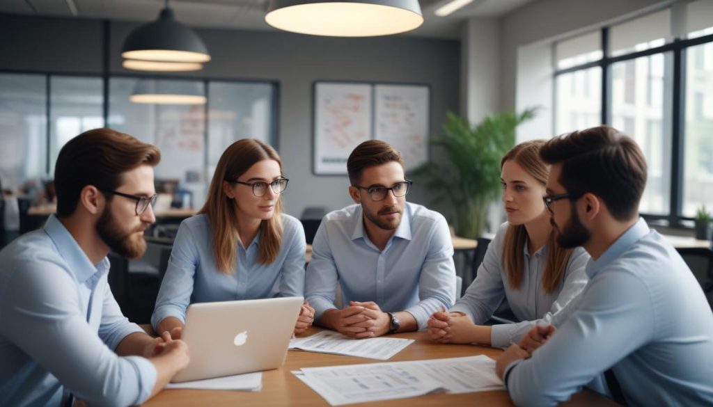 Modern bir ofis ortamında, küçük işletme ekibi Google Ads stratejisini tartışıyor.