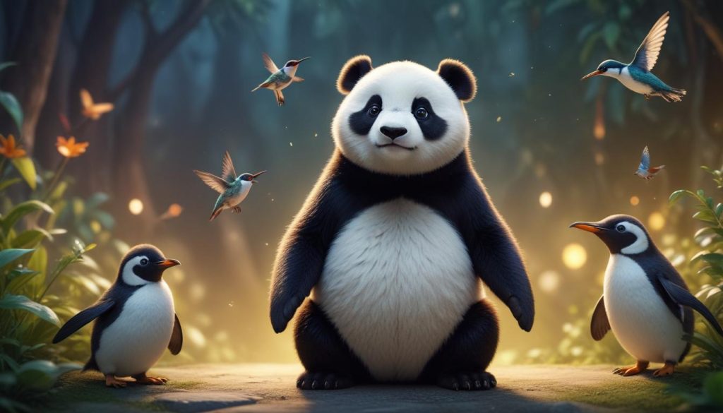 Dijital bir temada yaratıcı yaratıklar olarak tasvir edilen Panda, Penguin ve Hummingbird illüstrasyonu.