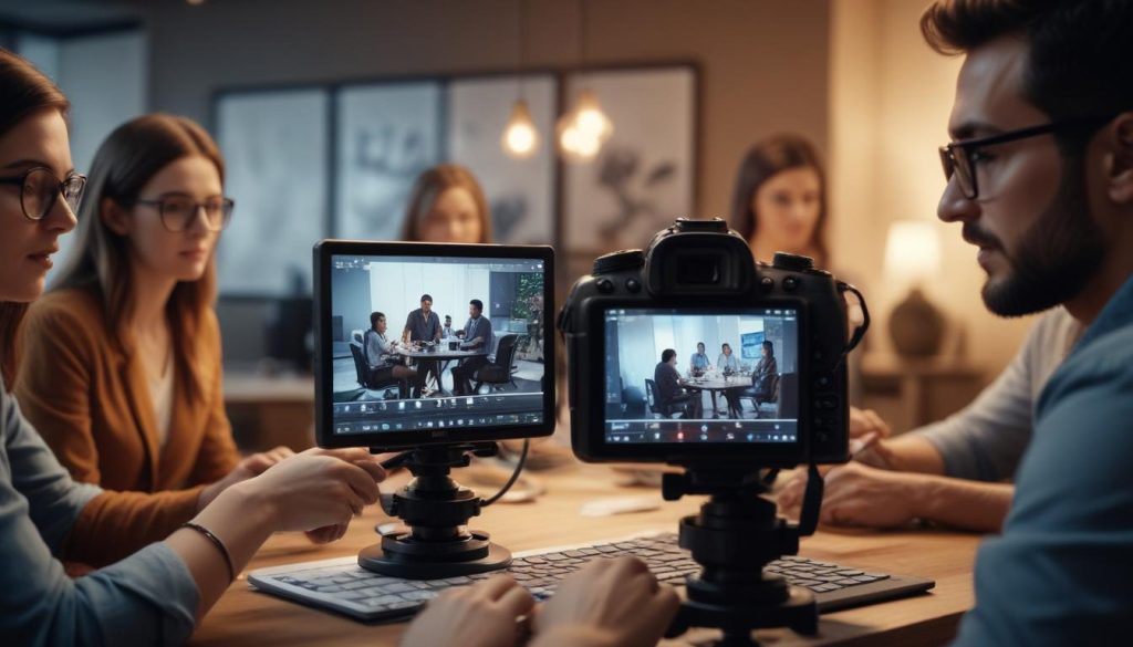 Farklı etnik kökenlere sahip pazarlama uzmanları, dijital araçlar kullanarak bir SEO stratejisi üzerinde çalışıyor.