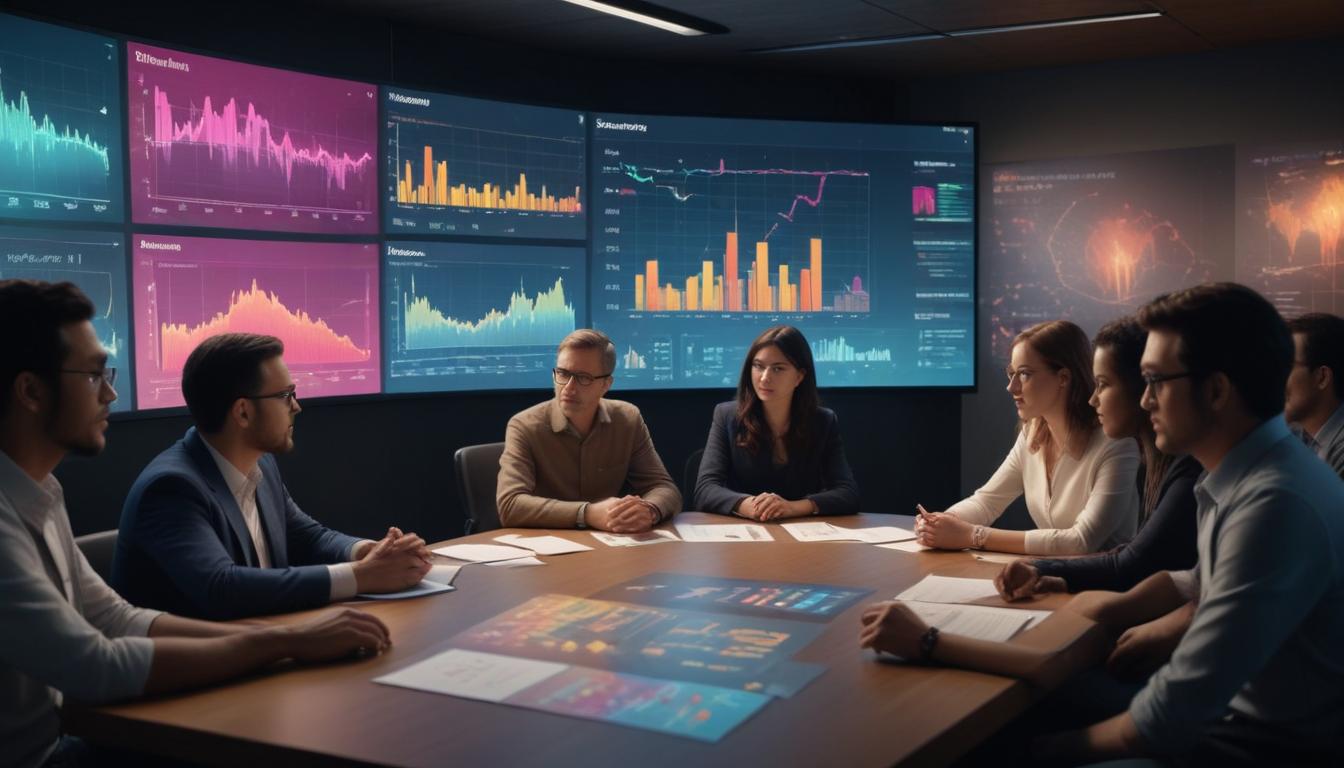 Çeşitli bir odak grubunun, sunum ekranında renkli grafikler ve kullanıcı profilleriyle demografik verileri ve ilgi alanlarını tartıştığını gösteren görsel.