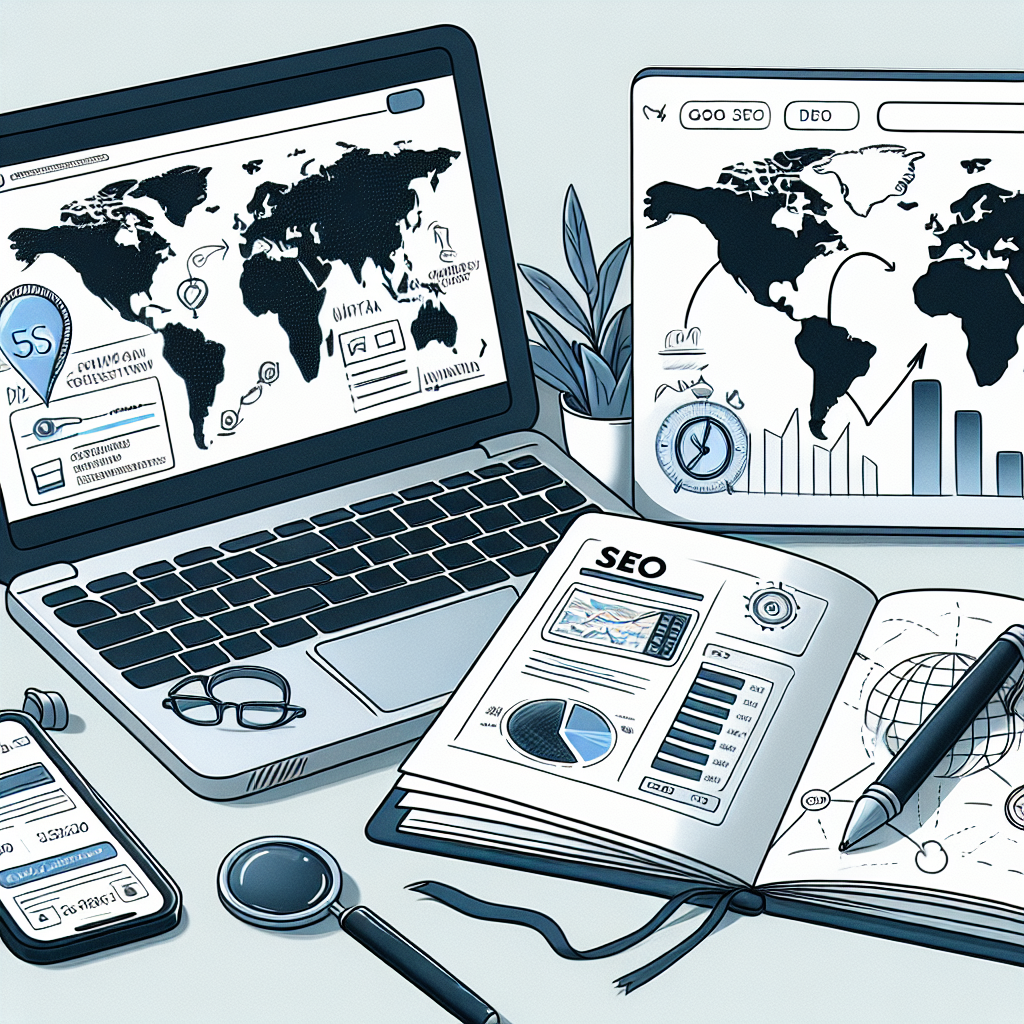 Diz&uuml;st&uuml; bilgisayarda i&ccedil;erik &uuml;retimi ve SEO optimizasyonu &uuml;zerinde &ccedil;alışan bir kişi; masa &uuml;st&uuml;nde kalem, defter ve kahve fincanı bulunuyor, ekran SEO analiz ara&ccedil;larını g&ouml;steriyor.