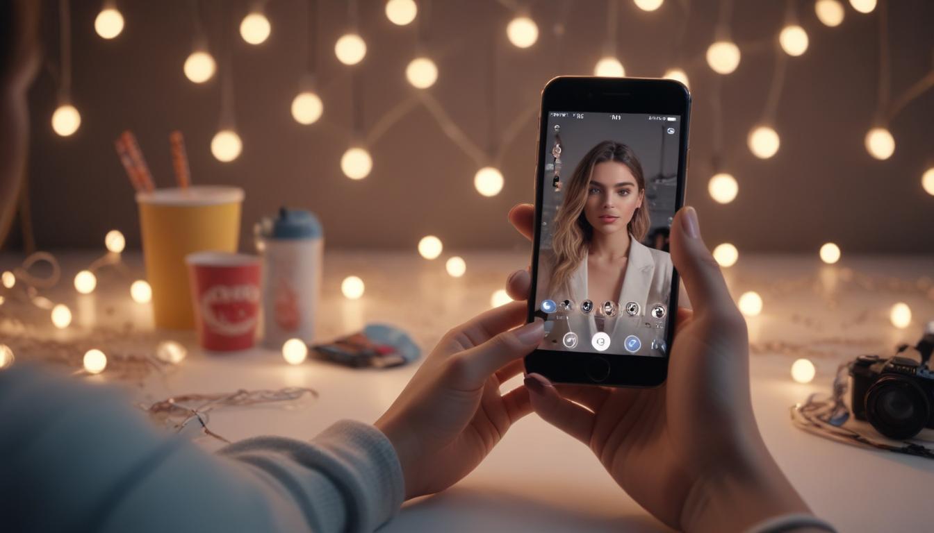 Moda ürünlerini tanıtan bir influencer, akıllı telefon üzerinden bir markayla işbirliği yapıyor. Sosyal medya simgeleri çevrede dolanıyor, dijital etkileşimi ve görünürlüğü simgeliyor.