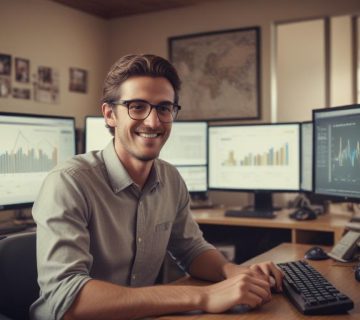 Küçük işletme sahibi, Google Ads yönetimi yaparken mutlu; aydınlık ve samimi bir ofis ortamında, bilgisayar ekranında çevrimiçi reklam başarısını gösteren grafikler ve simgeler.