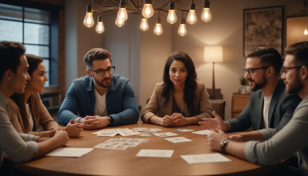 Farklı etnik kökenlerden küçük işletme sahipleri, bir masa etrafında toplanarak dijital pazarlama stratejileri hakkında konuşuyorlar.