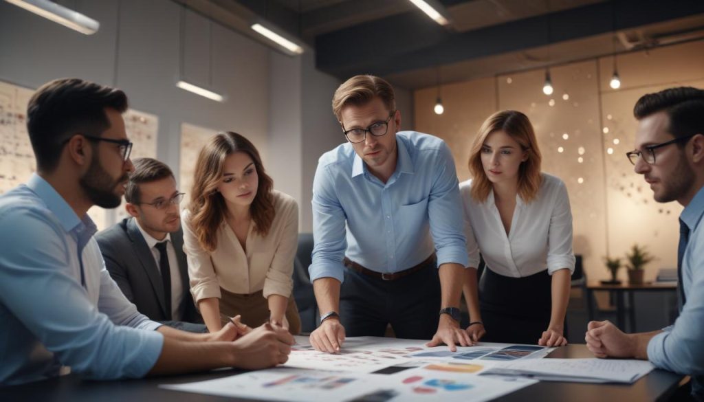 Modern bir ofiste dijital araçlar kullanarak beyin fırtınası yapan çeşitli profesyonel grup.