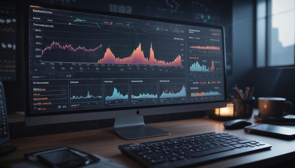 Sosyal medya performans metriklerini gösteren, detaylı analiz panosunda çeşitli grafikler ve çizelgeler.