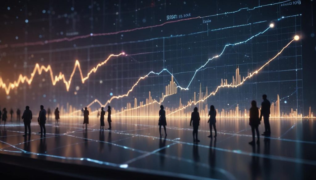 Organik trafiğin arttığını gösteren, yukarı doğru eğilimli bir grafik, arama simgeleri ve webde gezinirken çeşitli insanların bulunduğu dikkat çekici görsel.