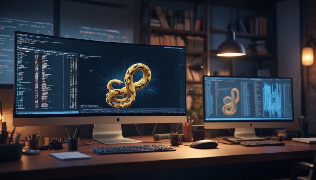Bir geliştiricinin çalışma alanında, ekranında Python kodu bulunan bir illüstrasyon.