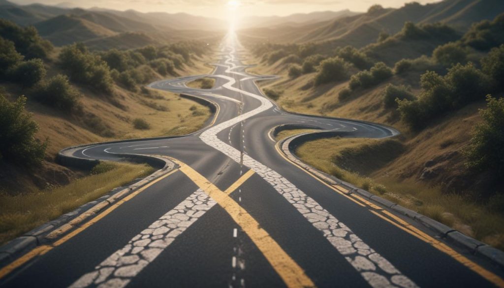 Yolun ikiye ayrıldığı ve yolların Python ve JavaScript olarak etiketlendiği yaratıcı bir illüstrasyon.