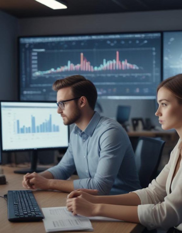 Modern bir ofiste, büyük ekranlarda sosyal medya platformlarını ve grafik analizlerini inceleyen bir grup sosyal medya yöneticisi, dijital pazarlamada rekabetçi bir avantaj sağlamayı gösteriyor.