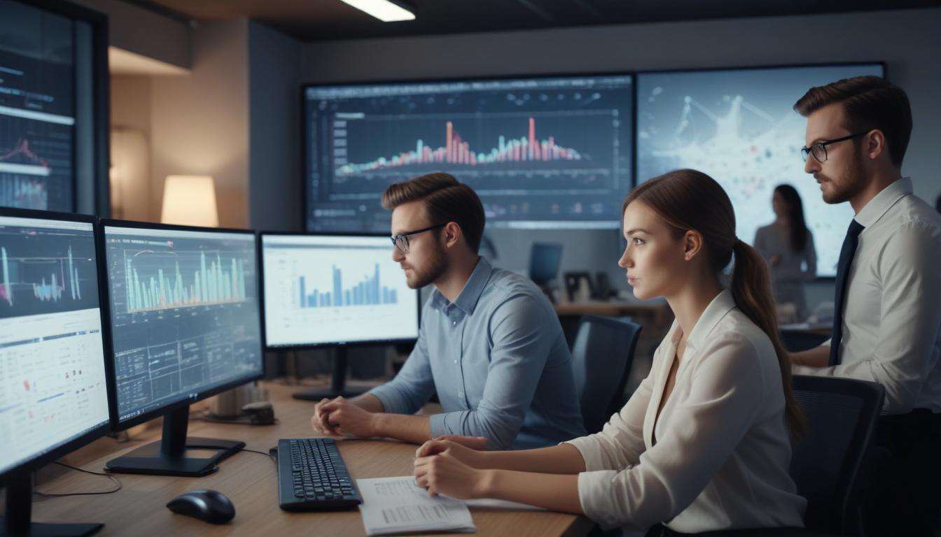 Modern bir ofiste, büyük ekranlarda sosyal medya platformlarını ve grafik analizlerini inceleyen bir grup sosyal medya yöneticisi, dijital pazarlamada rekabetçi bir avantaj sağlamayı gösteriyor.
