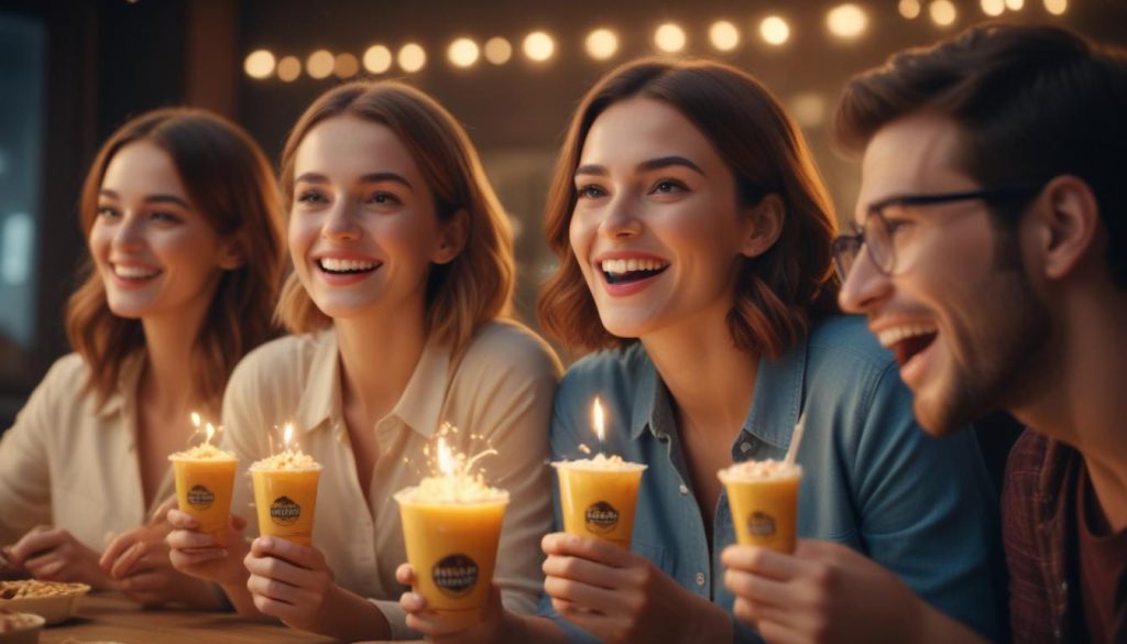 Başarılı bir reklam kampanyasını gösteren görselde, ürünüyle etkileşime giren mutlu müşteriler ve olumlu büyüme göstergeleri yer alıyor.