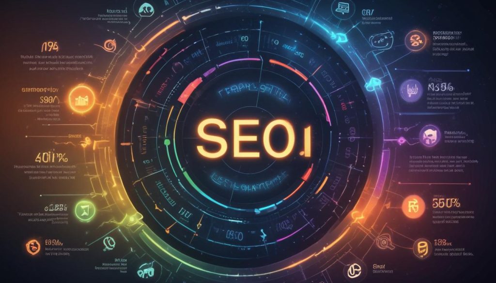 SEO'nun unsurlarını ve önemini gösteren bilgilendirici infografik; anahtar kelimeler, trafik analizi, arama motoru sıralaması ve kullanıcı etkileşim metrikleri içeriyor.