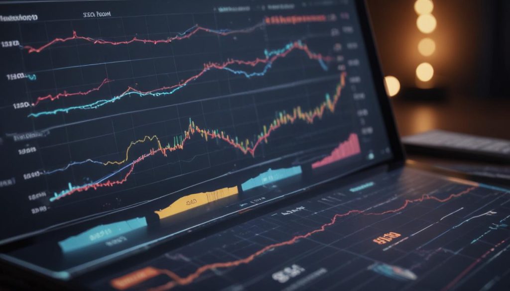SEO performansını ölçme ve iyileştirme yöntemlerini gösteren detaylı bir grafik; grafikler, analiz araçları ve geri bildirim döngüleri içeriyor.