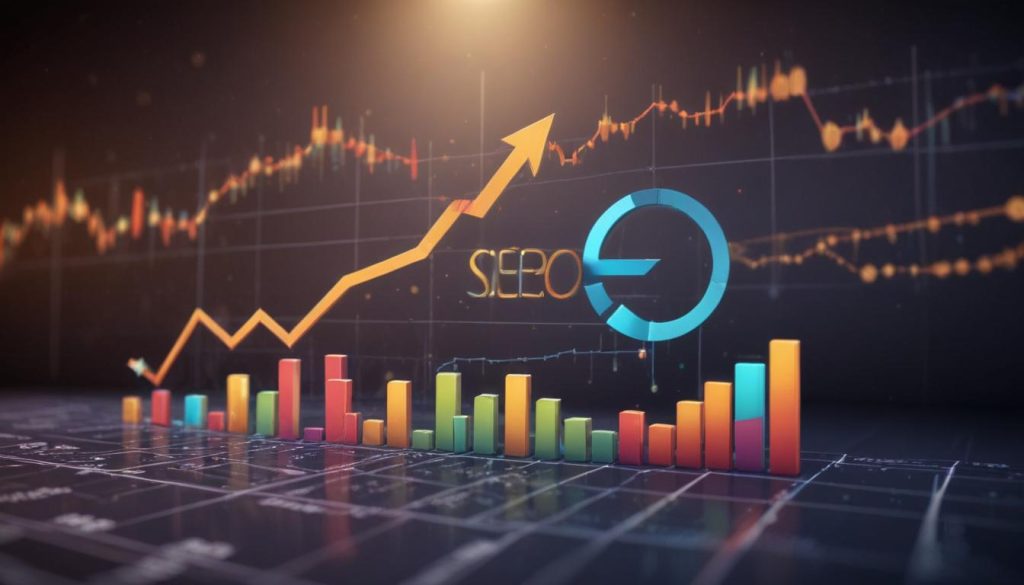 SEO'nun dönüşüm oranlarındaki etkisini gösteren, dönüşüm sembolleri, yükselen grafikler ve stratejik planlama sembollerini içeren profesyonel ve modern bir illüstrasyon.