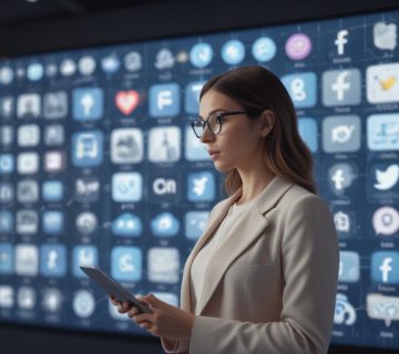 Modern bir ofis ortamında, çeşitli sosyal medya platformlarının ikonlarıyla çevrili büyük bir ekranda sosyal medya verilerini analiz eden iş kadınının dijital illüstrasyonu 