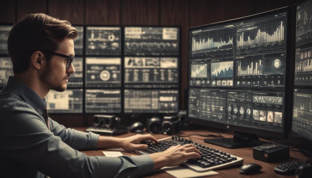 Bir masa üzerinde dizüstü bilgisayar, akıllı telefon ve sosyal medya simgeleriyle dolu not defteri; sosyal medya yönetimini temsil eden renkli ve modern bir düzen.