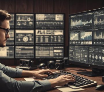 Bir masa üzerinde dizüstü bilgisayar, akıllı telefon ve sosyal medya simgeleriyle dolu not defteri; sosyal medya yönetimini temsil eden renkli ve modern bir düzen.