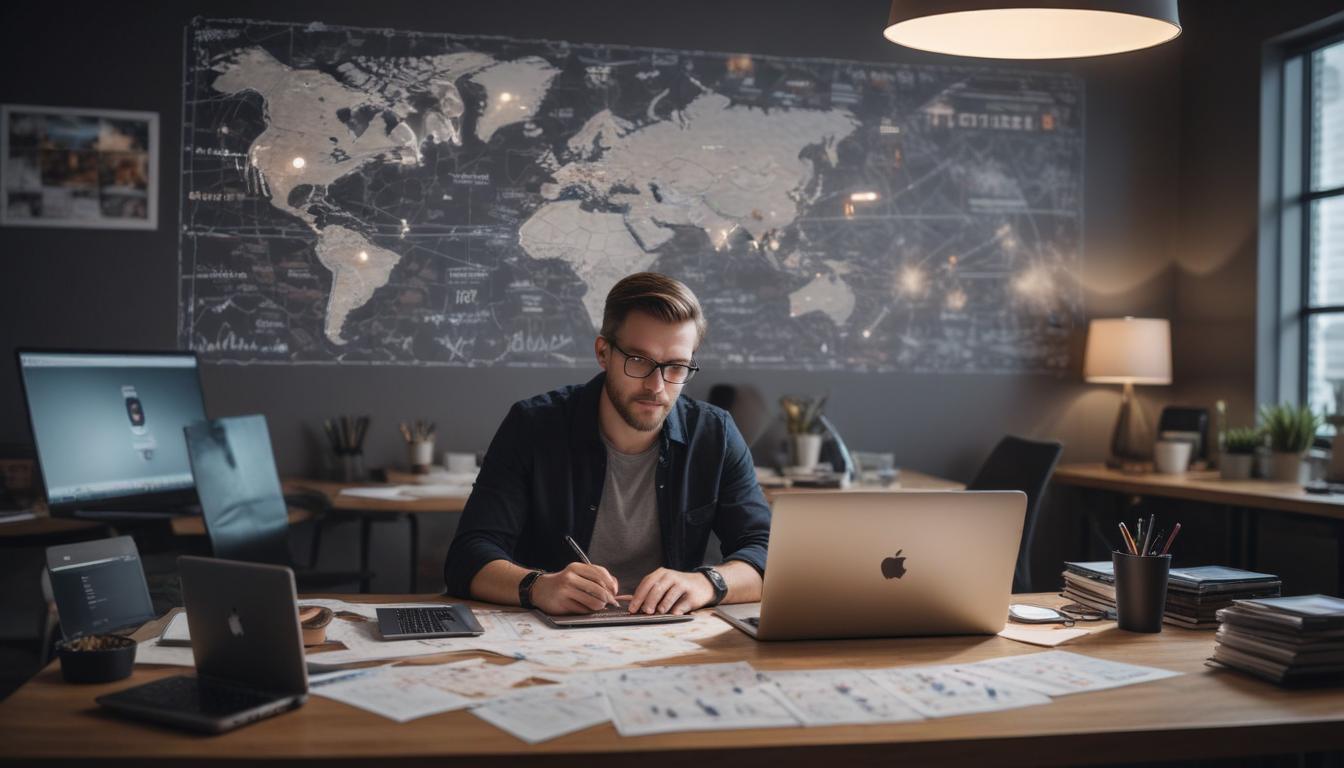 Dijital pazarlama stratejisti, laptoplar ve mobil cihazlarla çevrili, kişiselleştirilmiş içerik stratejisi haritası oluşturarak, ileri düzey sosyal medya yönetim taktiklerine odaklanıyor.