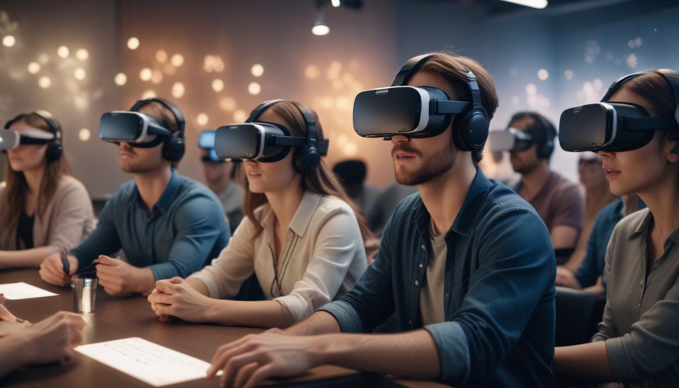 Modern bir öğrenme ortamında VR başlıkları ve dijital cihazlar kullanan bir ekip, medya stratejilerinde sürekli öğrenme ve adaptasyonu temsil ediyor.