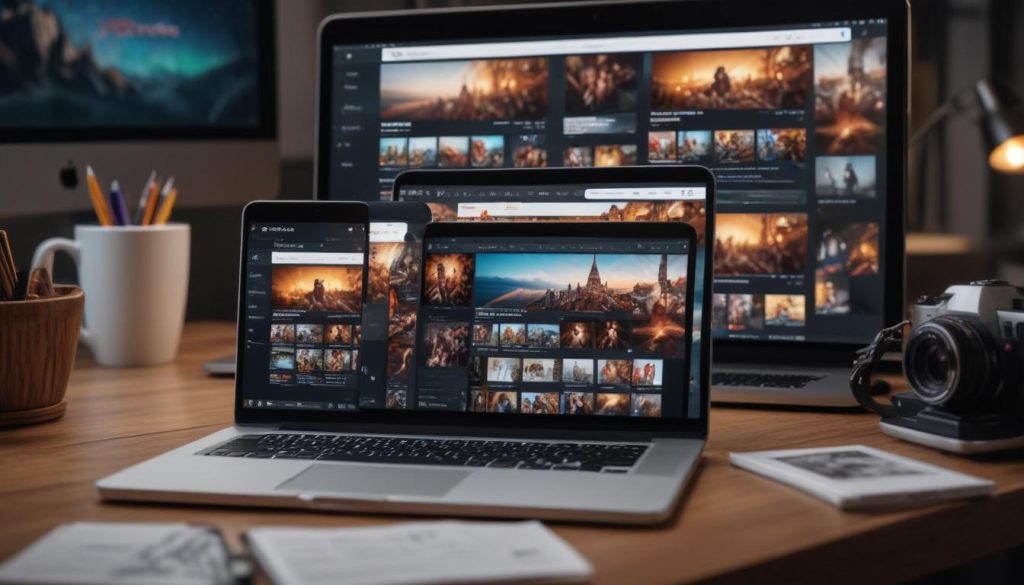 Farklı cihazlarda görüntülenen çeşitli arama motoru sonuç sayfaları (SERP'ler), alt metin optimizasyonundan etkilenen ve oklarla vurgulanan görsel sonuçlar.