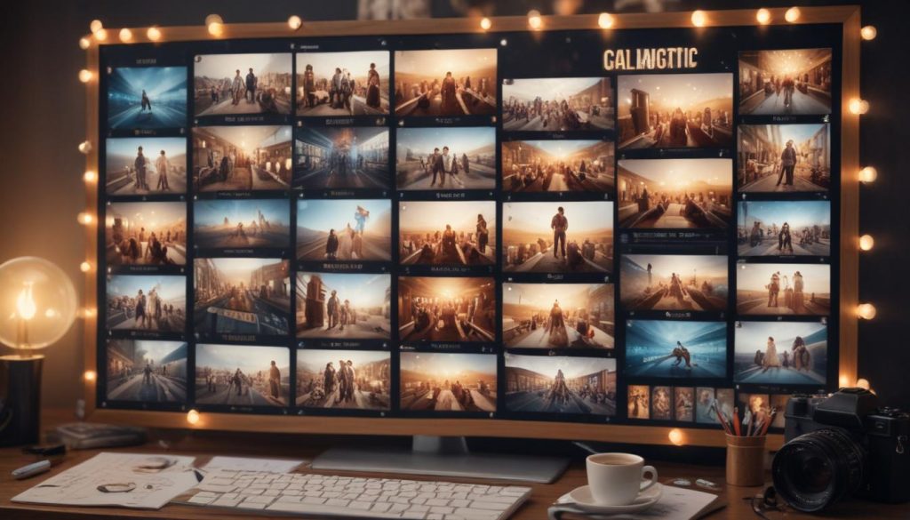 SEO ve görsel içerik odaklı çeşitli çevrimiçi pazarlama taktiklerini gösteren bir marka strateji panosu.