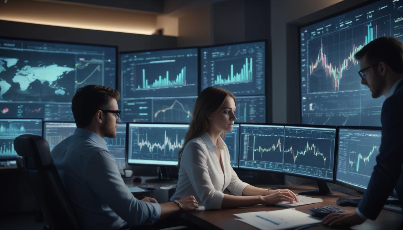 Teknolojiyle donatılmış bir ofiste büyük monitörlerde veri analitiği yazılımı kullanan analistlerden oluşan bir ekip, sosyal medya için stratejik içgörüler elde etmek amacıyla grafik ve tabloları yorumluyor.