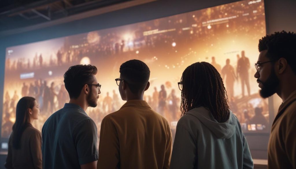 Farklı kültürel geçmişlere sahip bir grup insan, büyük bir ekranda, çok kültürlü web tasarımını sergileyen bir web sitesine bakıyor.