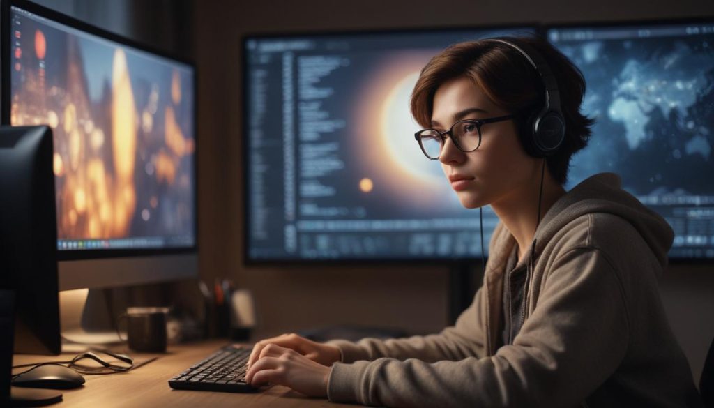 Bilgisayar başında çalışan bir web tasarımcısı, ekranda dil çeviri arayüzleriyle birlikte.