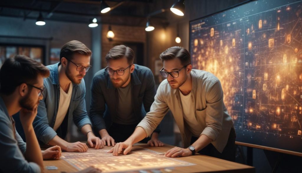 Farklı tasarım unsurlarını içeren bir pano üzerinde kültürel nüansları tartışan uluslararası bir web geliştirici ekibi.