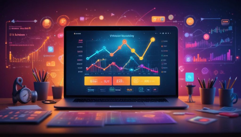 Renkli ve dinamik dijital grafik, web sitesi görünürlüğünü artırma stratejilerini gösteriyor; arama simgeleri, büyüme grafikleri ve çeşitli internet kullanıcıları yer alıyor.