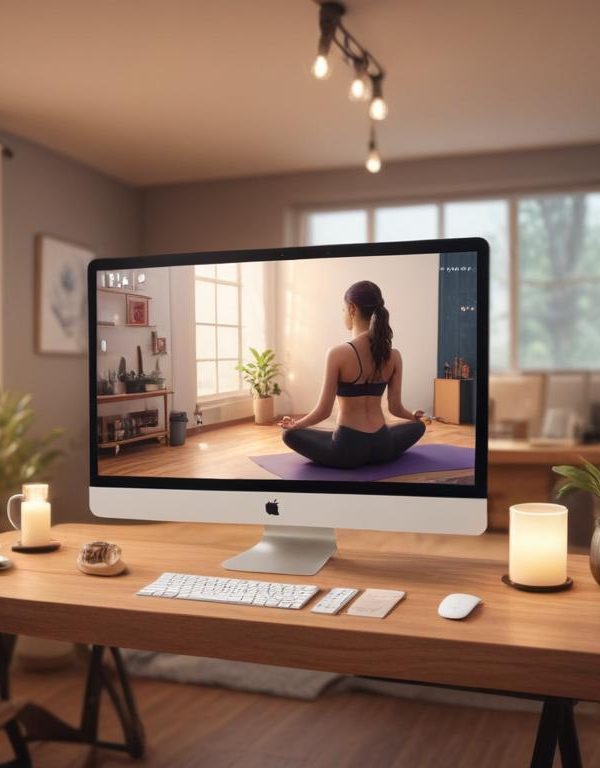 Yoga stüdyosunda esneme hareketleri yapan insanlar, etrafında huzur ve rahatlama atmosferi; dijital pazarlama simgeleri ve sosyal medya bağlantıları gösteriliyor.